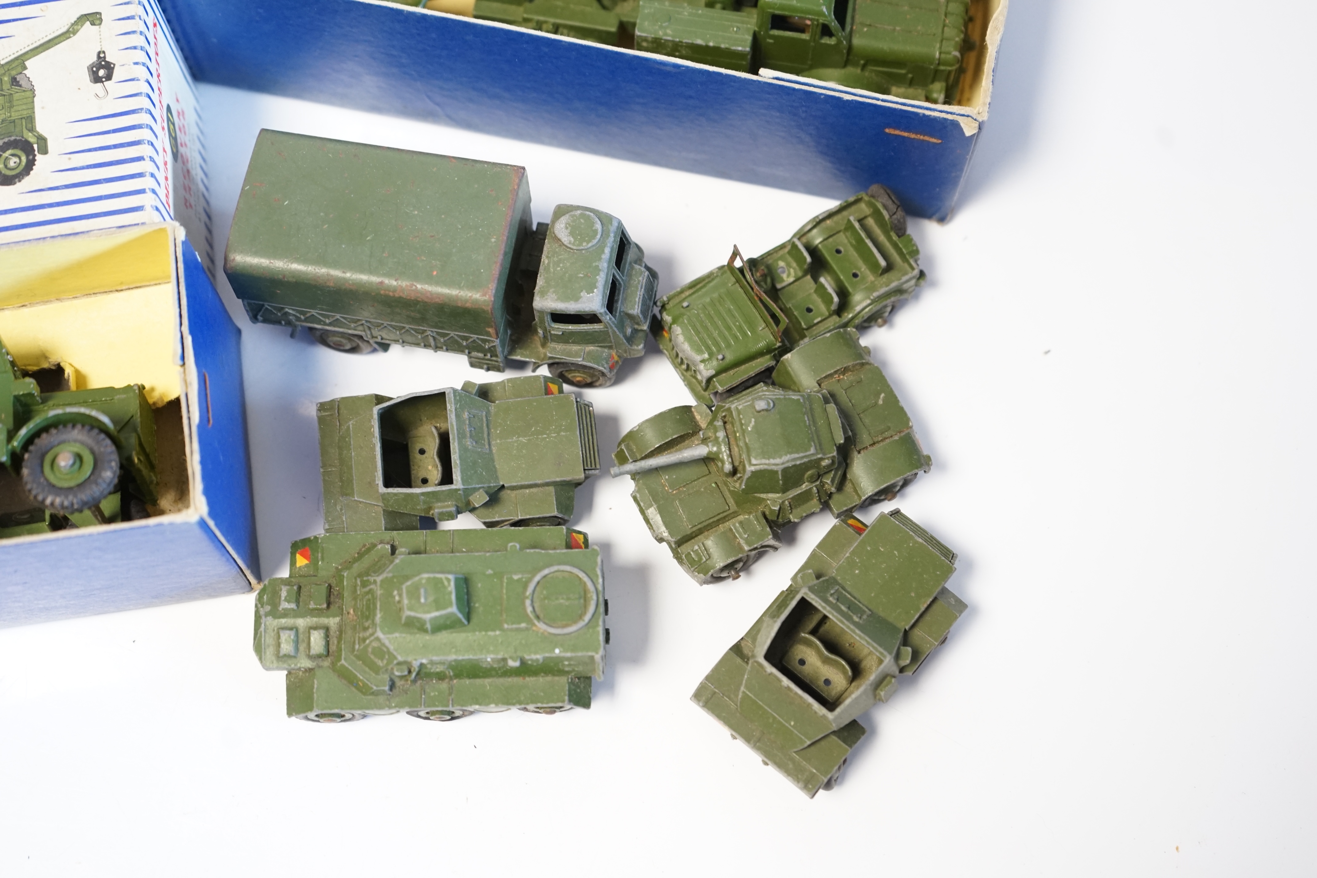 Ten Dinky Toys and Supertoys military vehicles, including four boxed examples; Missile Erector Vehicle with Corporal Missile and Launching Platform (666), Recovery Tractor (661). Tank Transporter (660), Centurion Tank (6